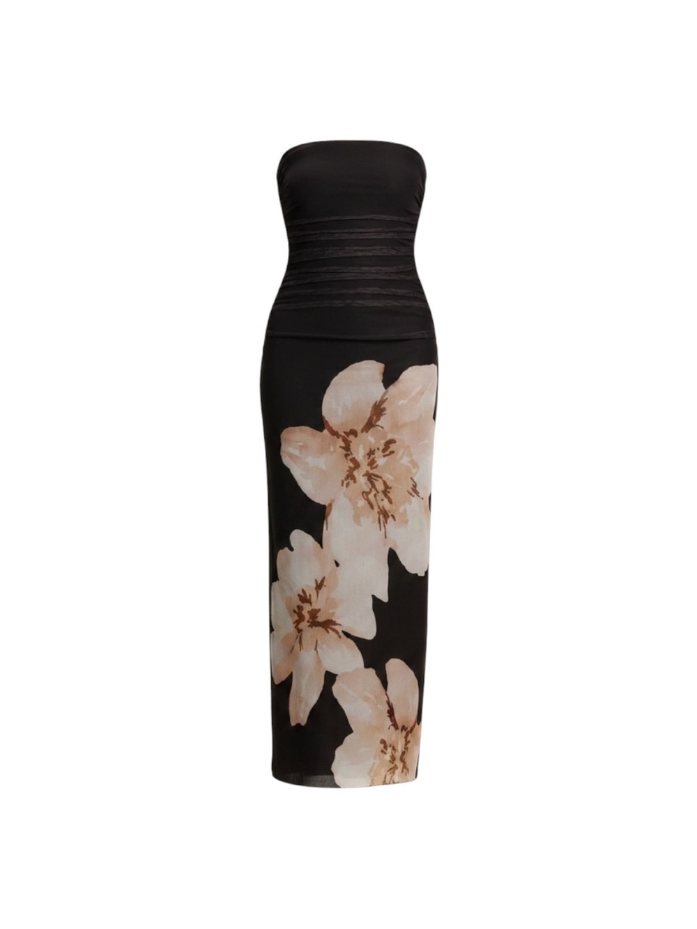 Commense Semi-Sheer Black Strapless Ruched Floral Mesh Size Medium Dress NWT
